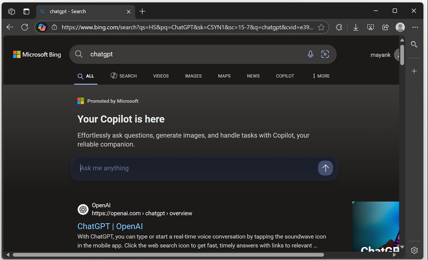 Når du bruger Microsofts søgemaskine Bing og søger efter "chatgpt", kan du blive ramt af en annonce i søgeresultaterne, der fortæller dig om Copilots lyksaligheder i stedet for at føre dig direkte til ChatGPT. Når du bruger Microsofts søgemaskine Bing og søger efter "chatgpt", kan du blive ramt af en annonce i søgeresultaterne, der fortæller dig om Copilots lyksaligheder i stedet for at føre dig direkte til ChatGPT.